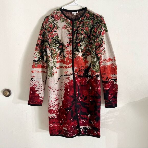 J. Jill Luxurious Black Red Cotton Wool  Jacquard Knit Cardigan Duster Small - Picture 4 of 9